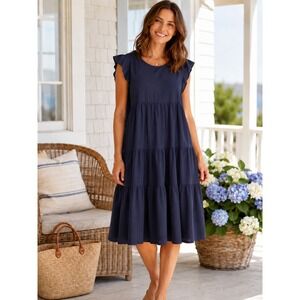 Kirundo Navy Tiered Babydoll Dress L Flowy Flutter Sleeve Coastal Grandma Casual